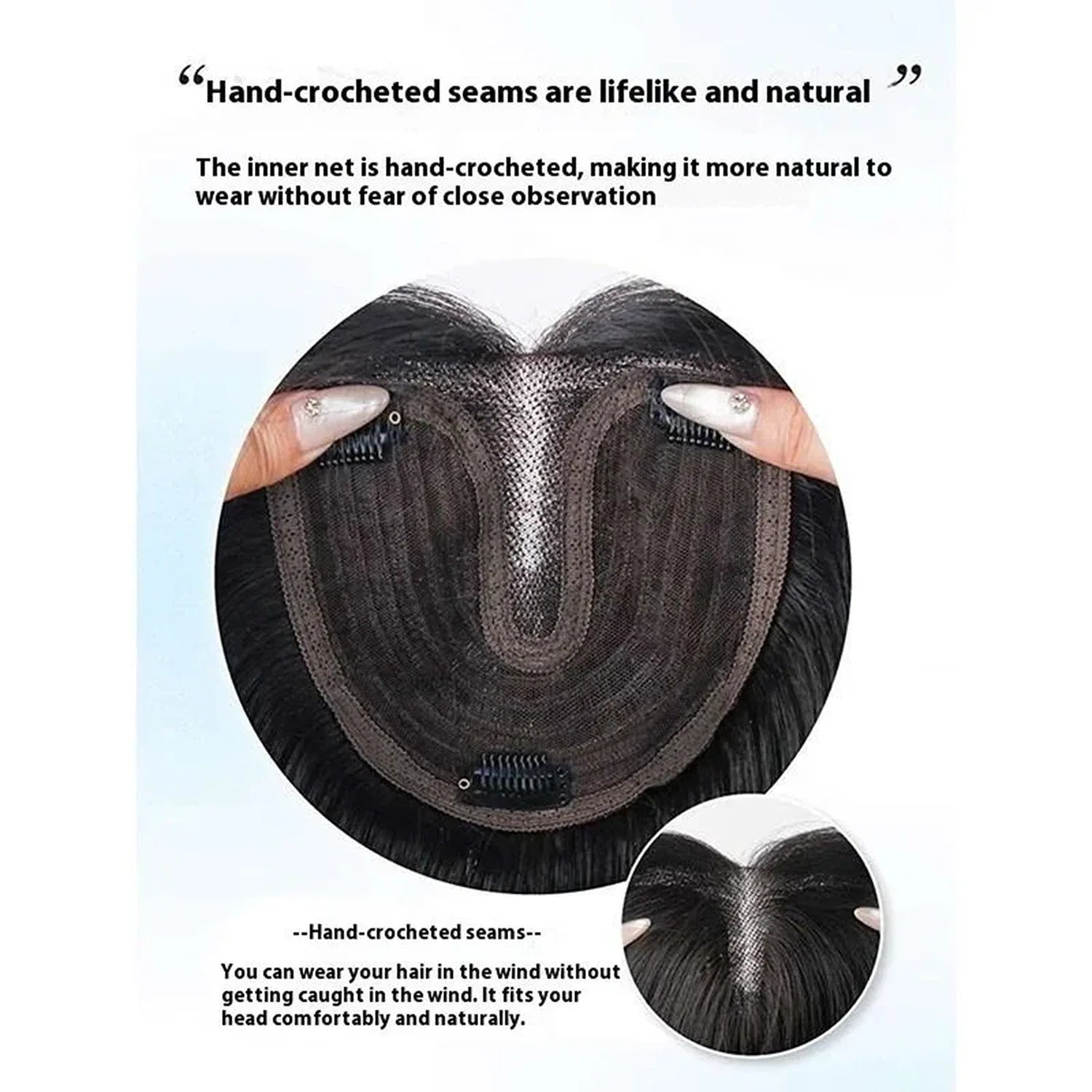 Synthetic wig cap construction closeup, breathable mesh design, adjustable straps, secure fit detail