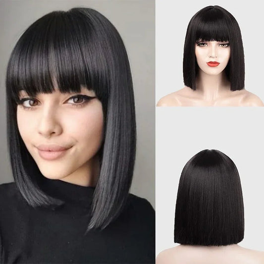 Synthetic bob wig black heat resistant multiple views front back side