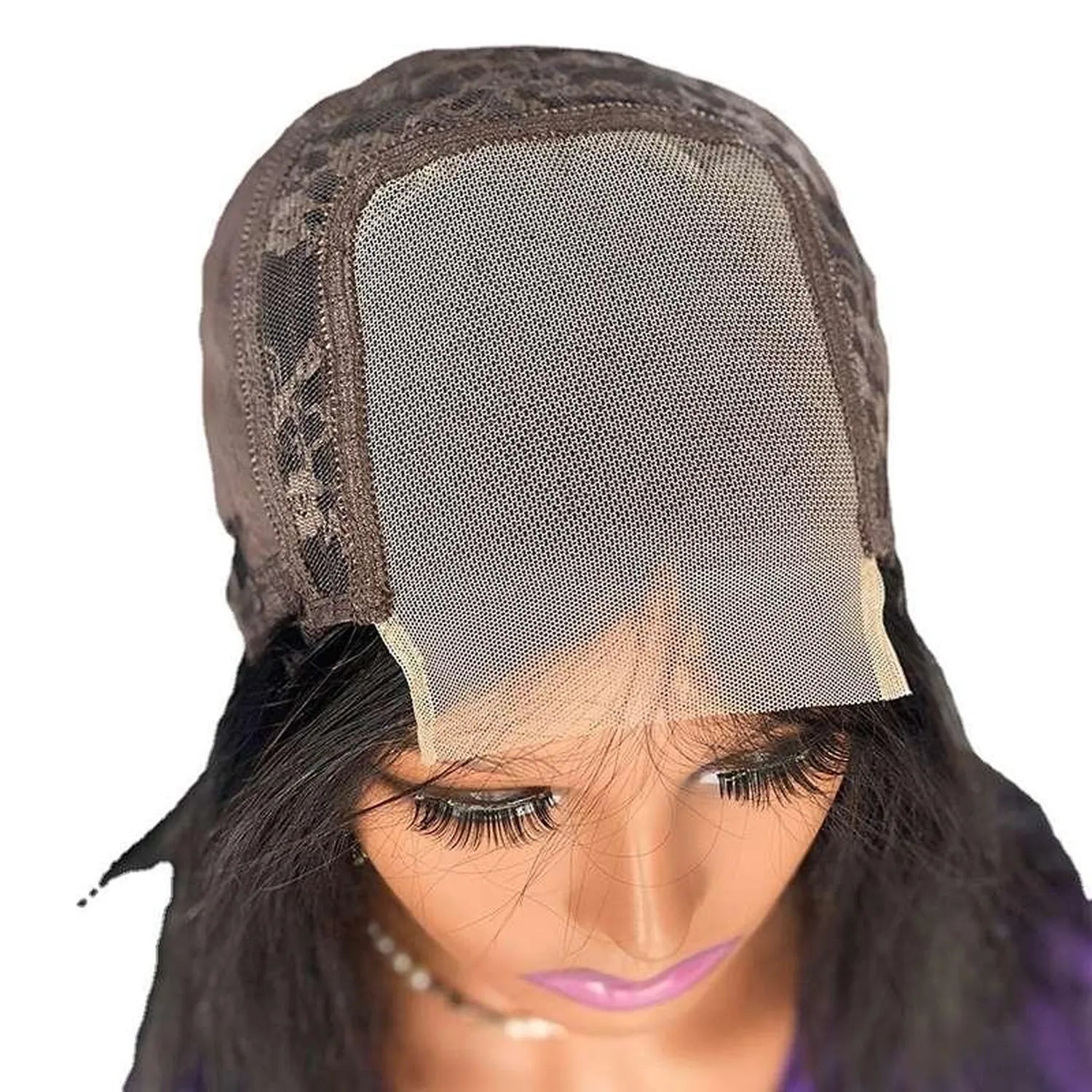 Transparent lace wig cap construction adjustable straps breathable mesh pre-plucked baby hairs detail