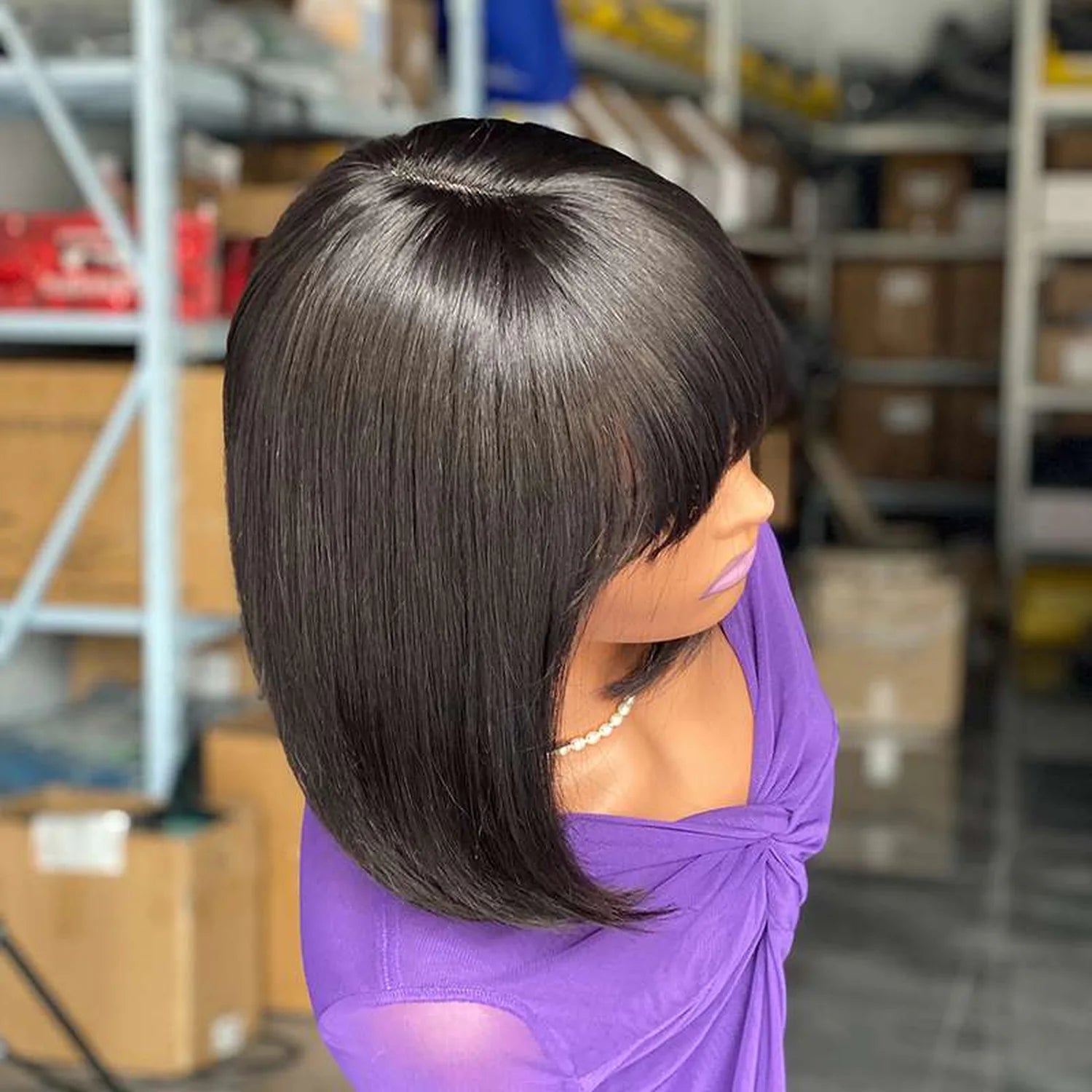 Human hair bob wig black back side view natural texture layered cut realistic