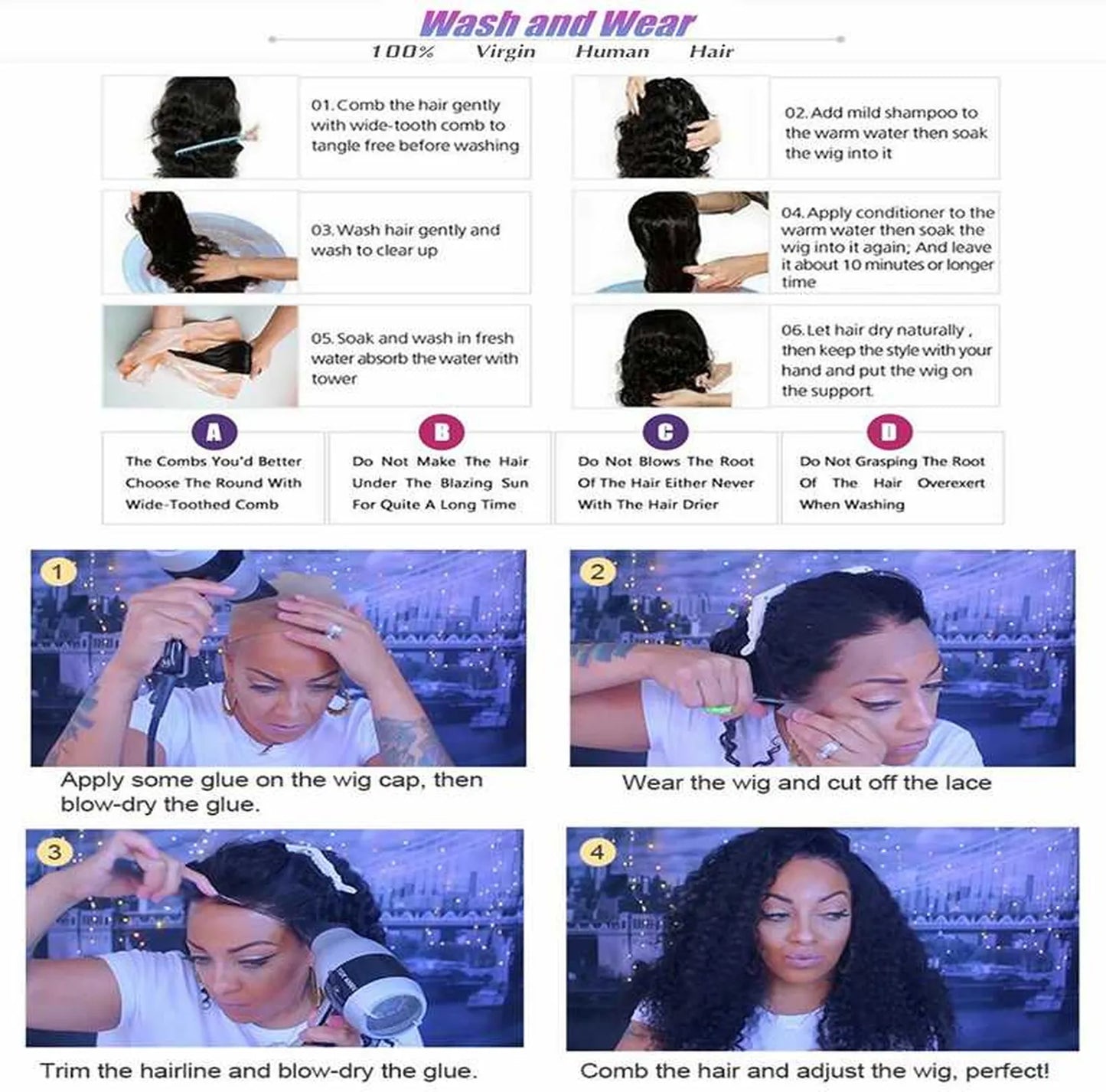 Human hair wig care instructions wash maintenance heat styling guide infographic detail