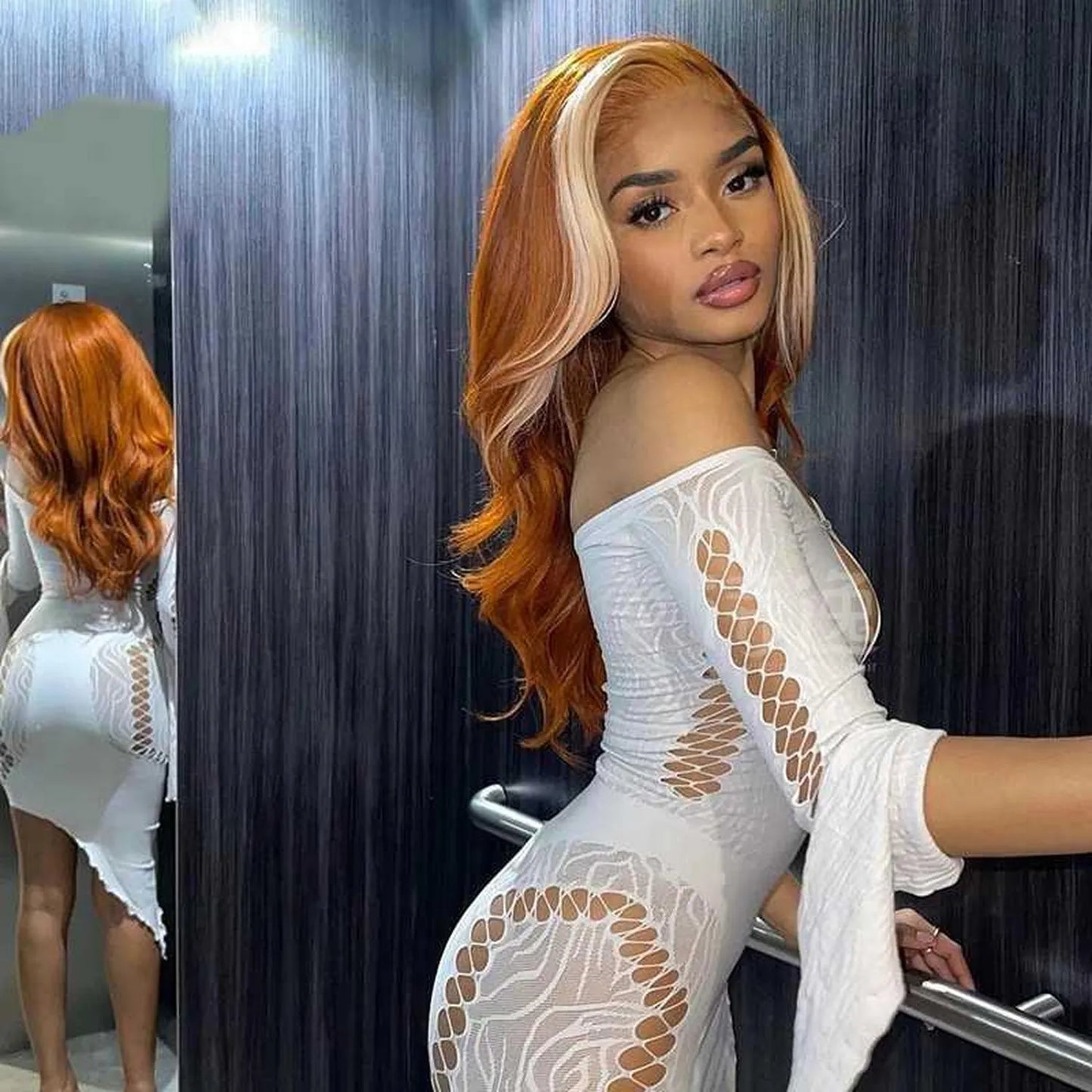 Human hair bronze 613 wavy wig 180 density tangle-free shedding-free side angle closeup