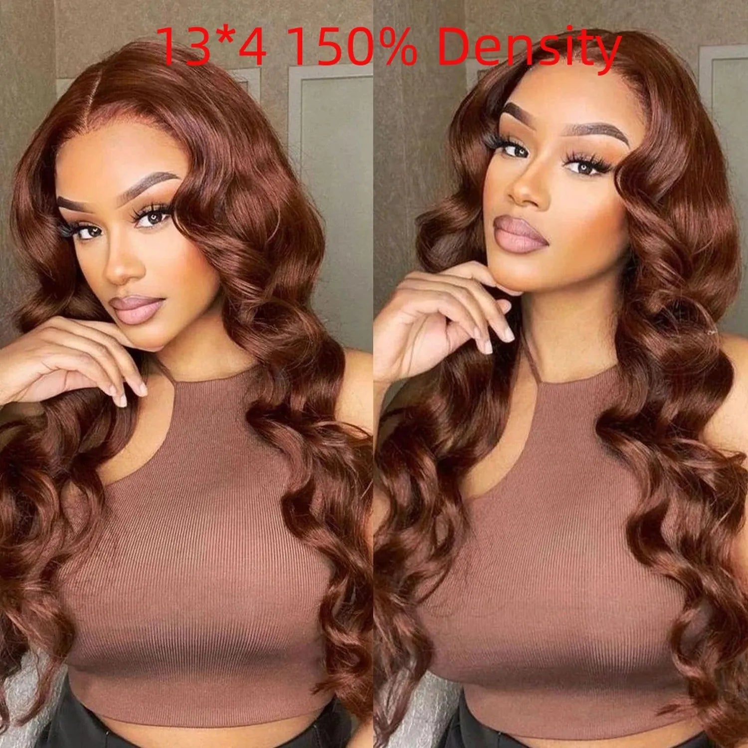 Human hair lace front wig brown wavy 13x4 150% density side by side comparison view