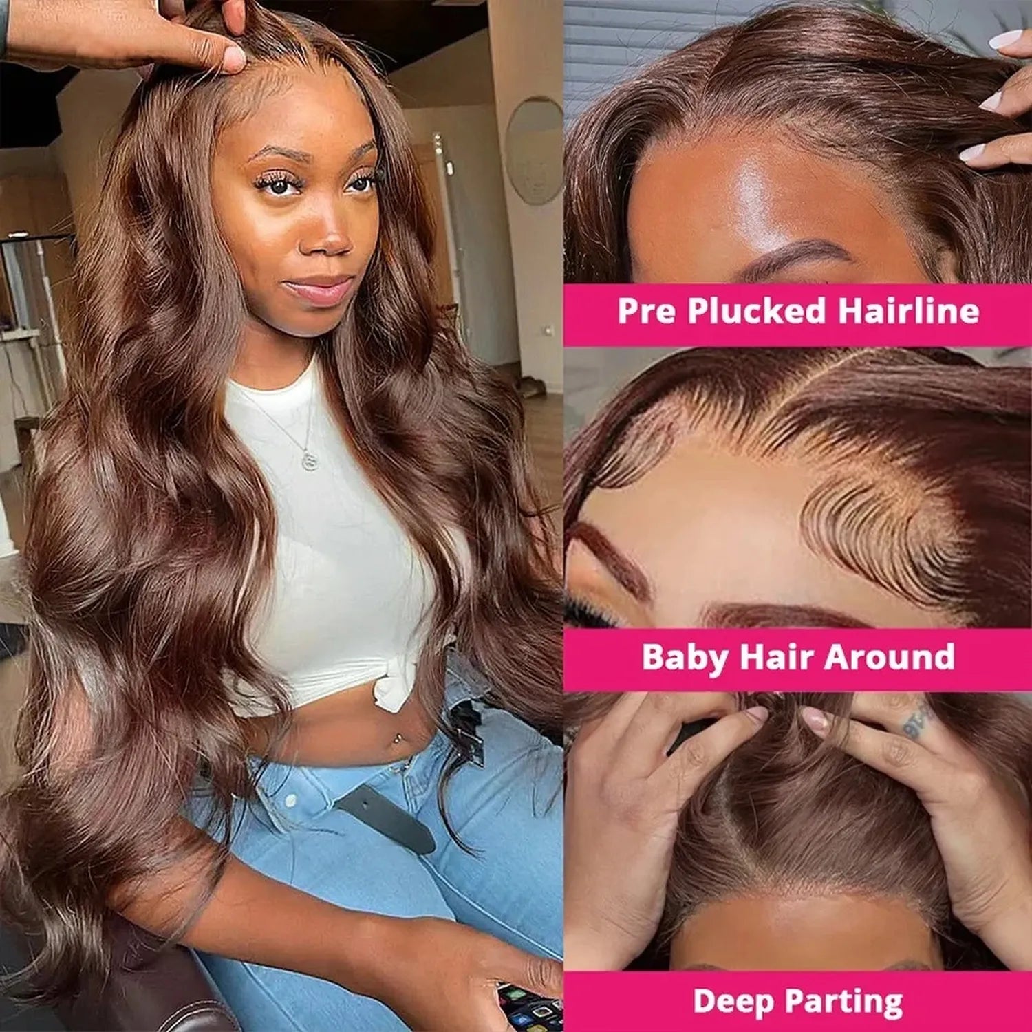 Wavy brown lace front wig pre-plucked hairline baby hairs deep parting feature details