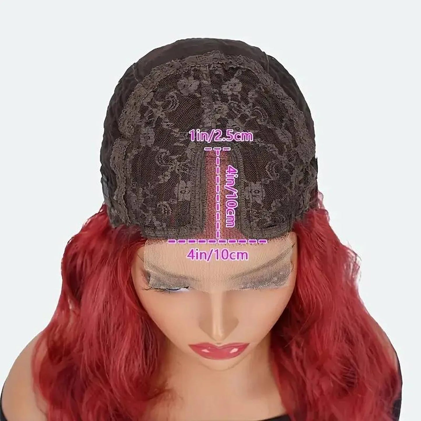 Wavy red lace front wig 24 inch middle part top view cap construction
