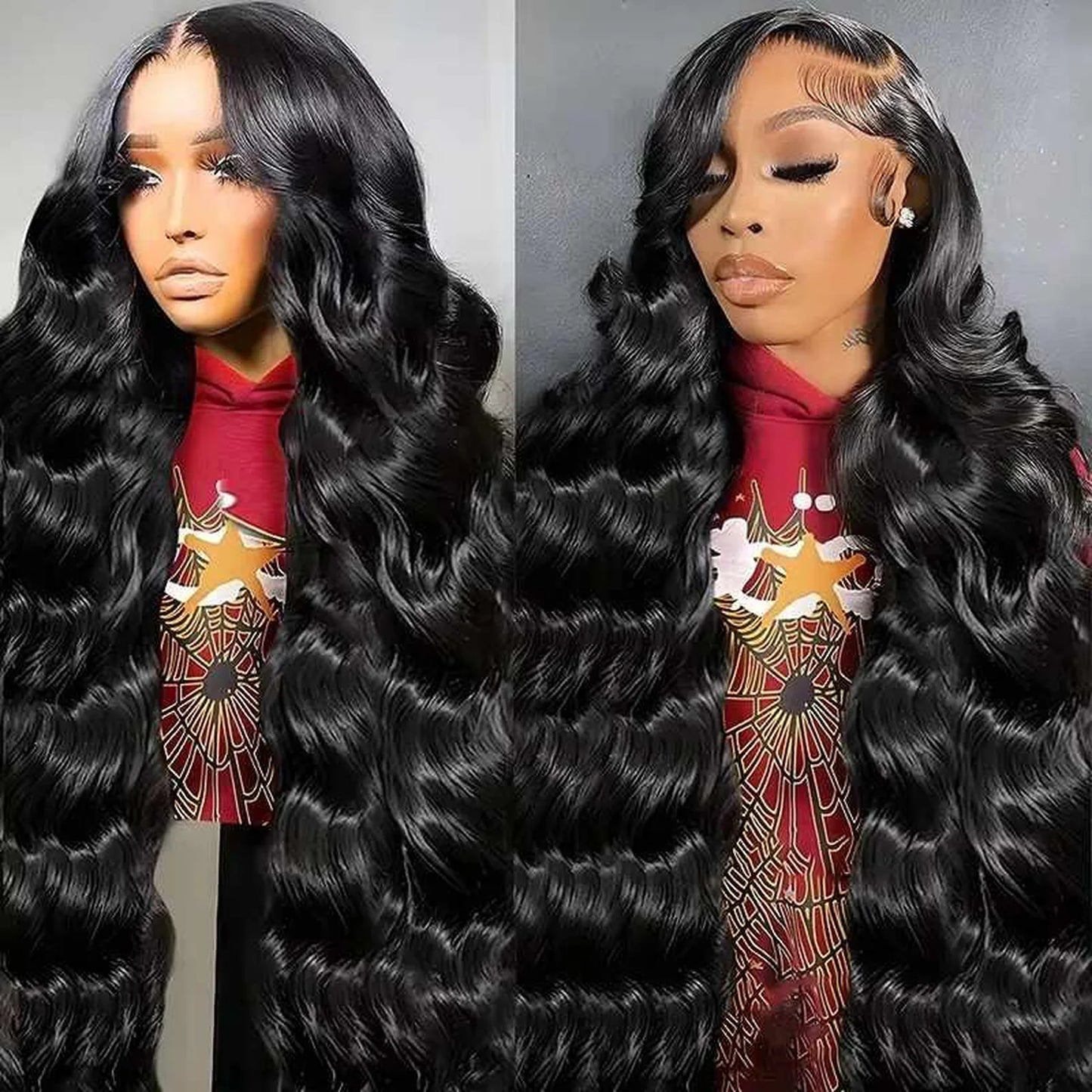 Body wave human hair wig natural black virgin remy wavy texture dual model side view