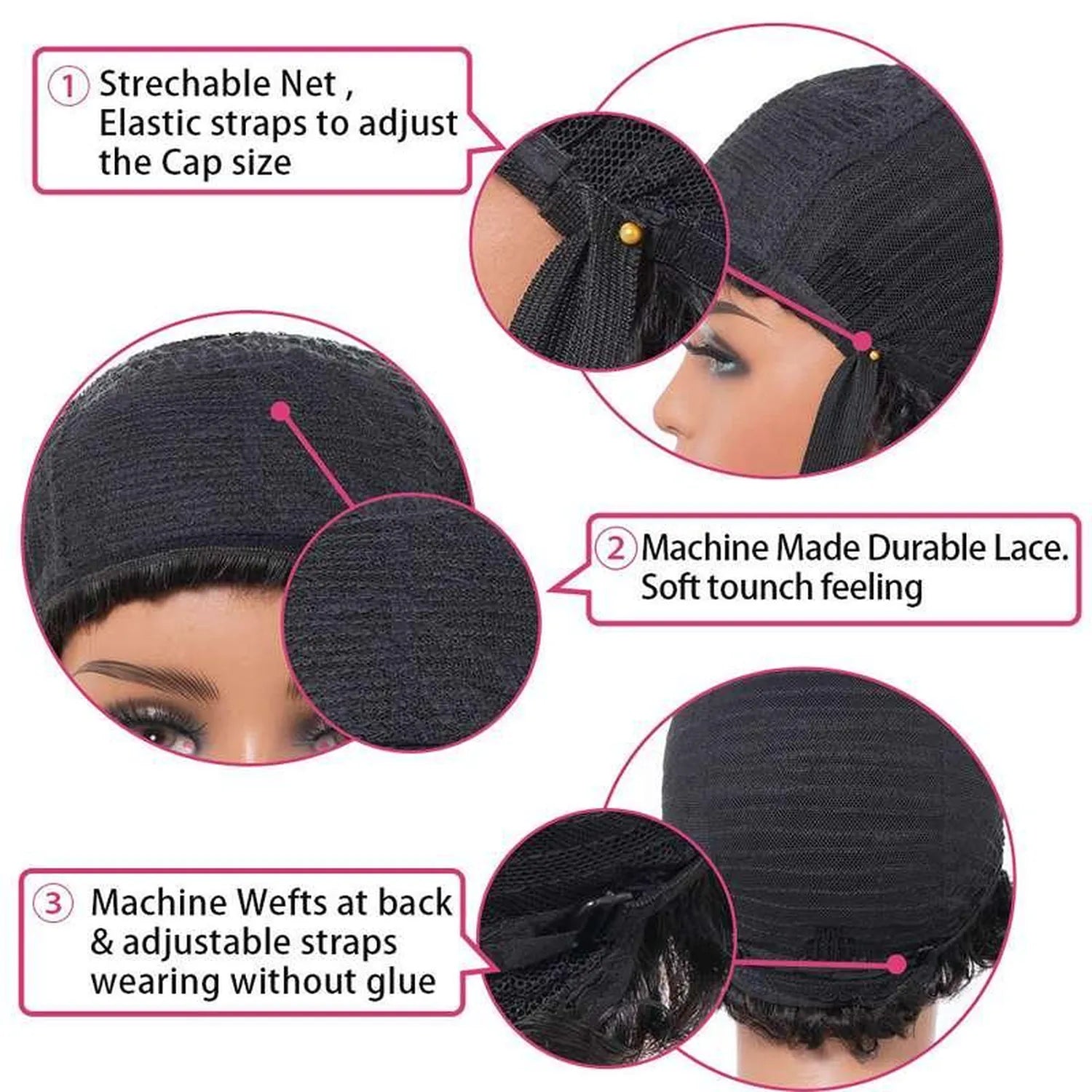 Wig cap mesh construction breathable elastic band adjustable straps natural black kinky curly closeup detail