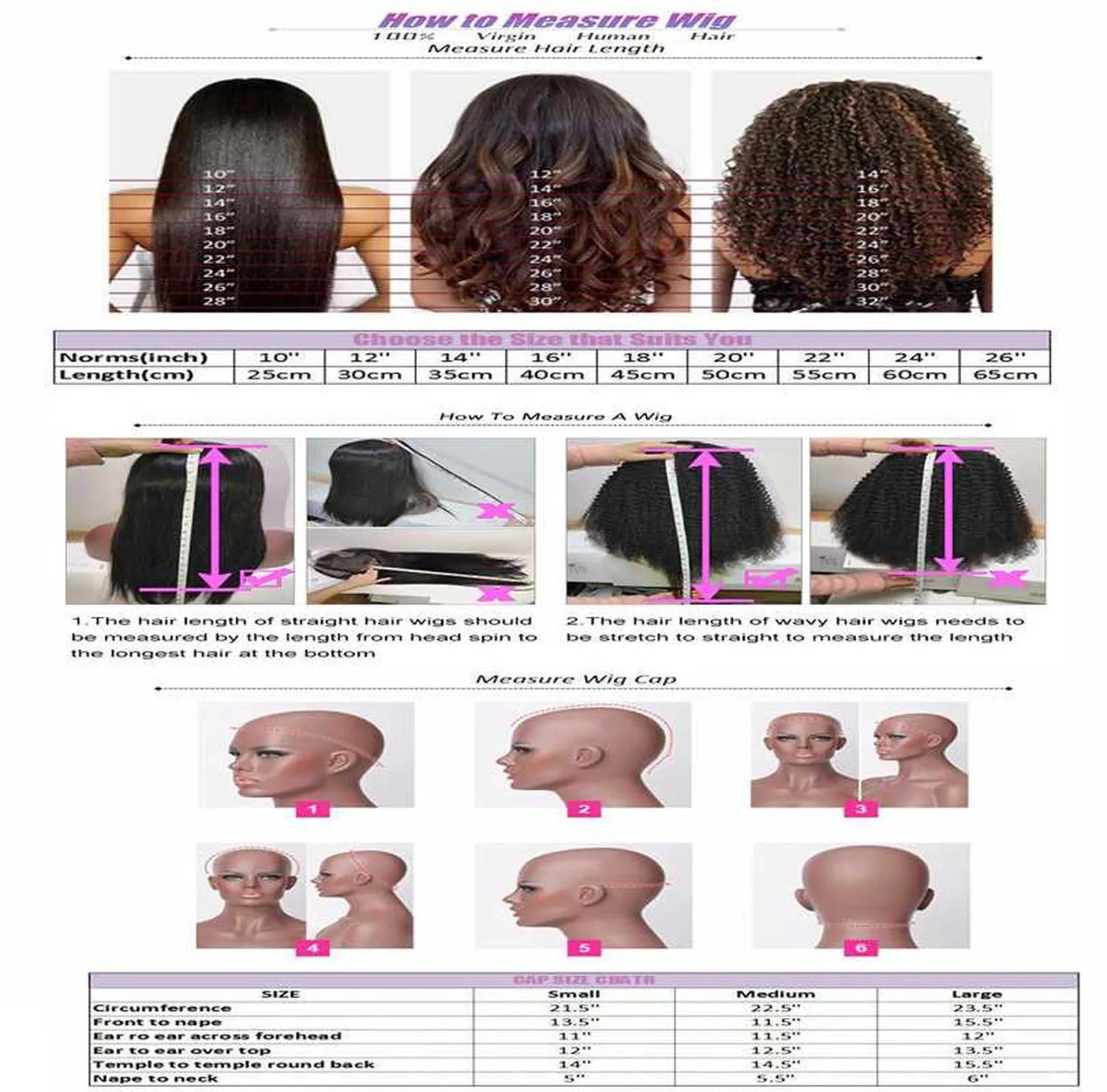Lace front wig measurement sizing chart parting space cap size guide reference