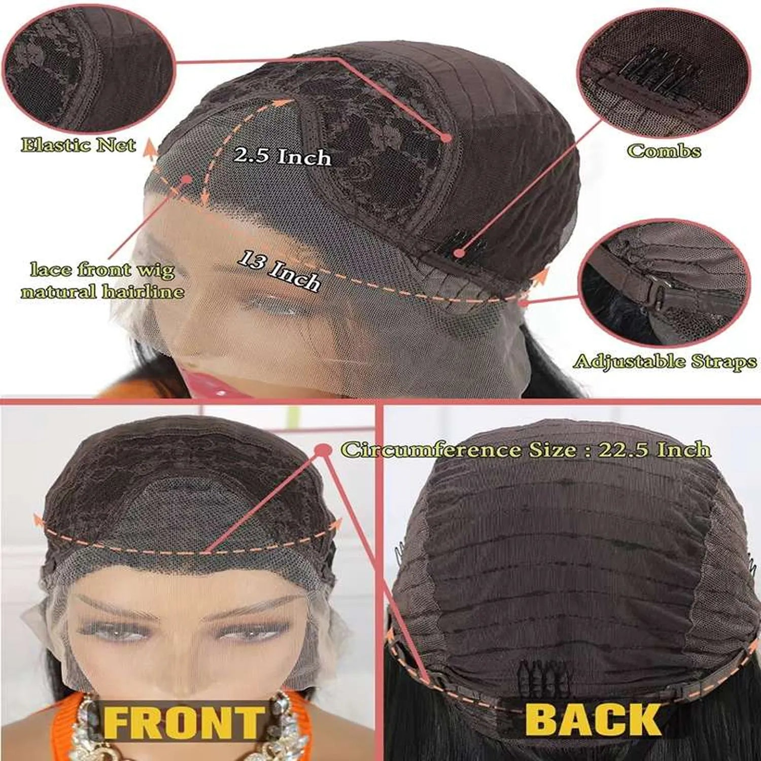 HD lace wig cap construction 13x2.5 adjustable elastic band combs details closeup